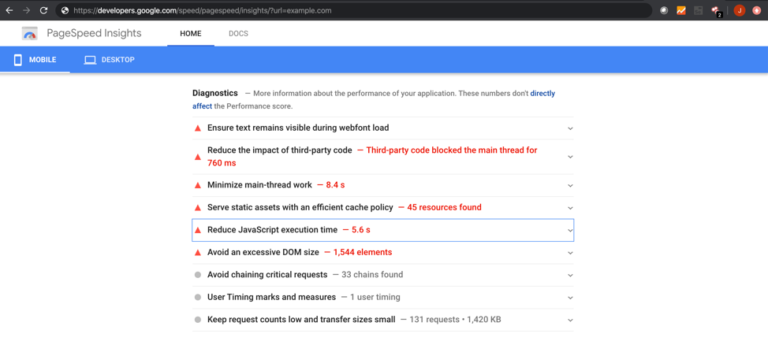 PageSpeed insights log - Magecart