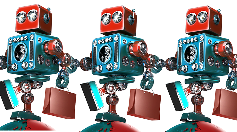 Toy robots marching in a line with shopping bags representing shopping bots