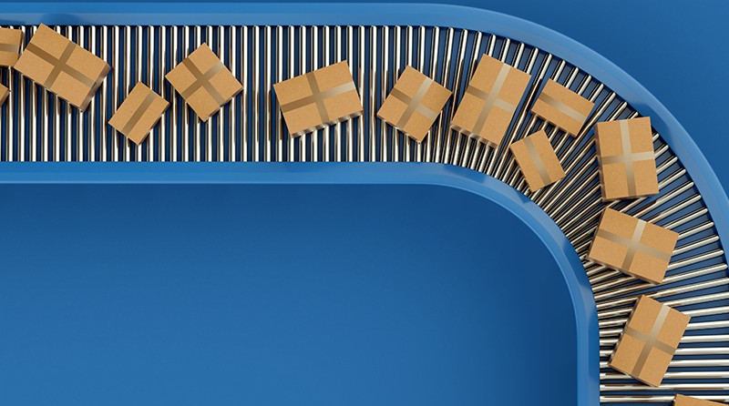 Conveyer with boxes representing shopping bots