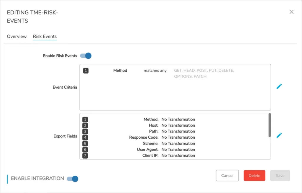 Integration API Security SIEM - Data Export Configuration for Risk Events