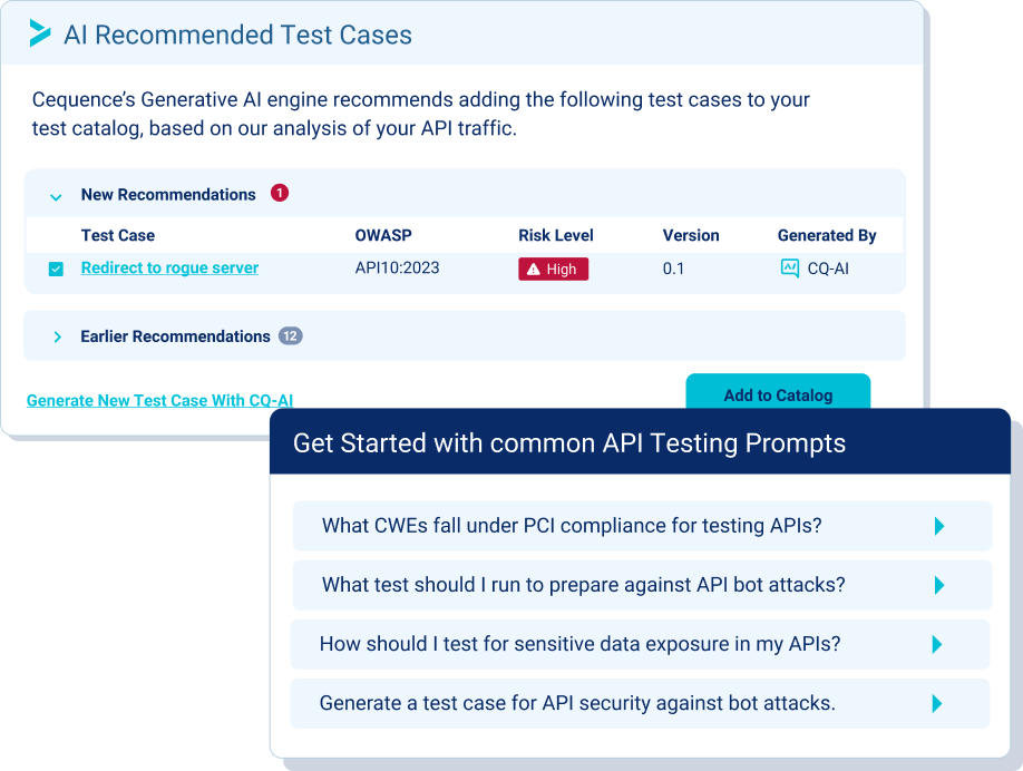 Cequence Unified API Protection screenshot showing generative AI recommended API test cases, crucial for API posture management