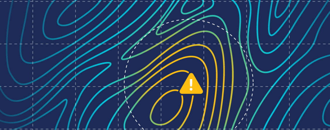 A stylized topographical map with a warning sign at the peak representing attack detection and threat hunting