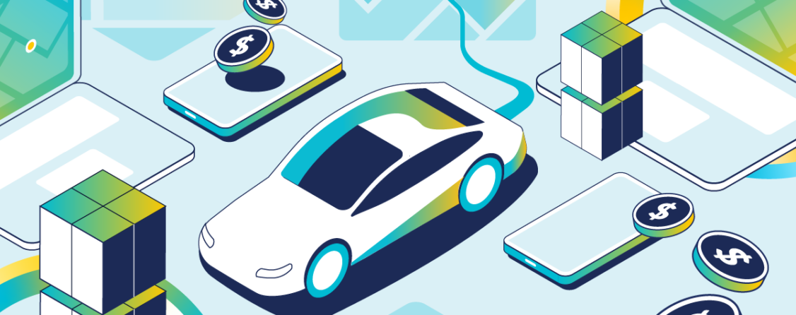 Stylized image of a phone, coins, and an electric car charging representing GenAI