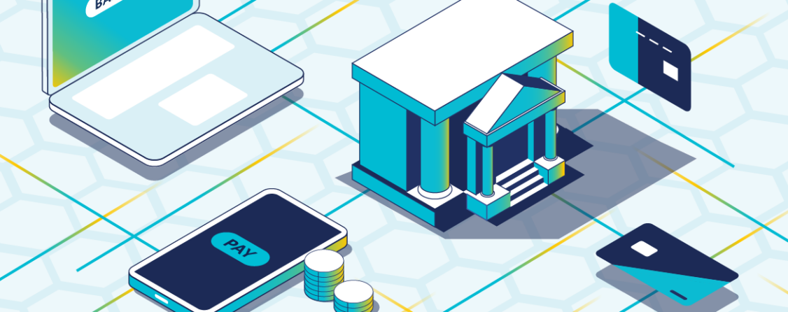 An open banking stylized graphic depicting a laptop, a phone, a building, and 2 credit cards.