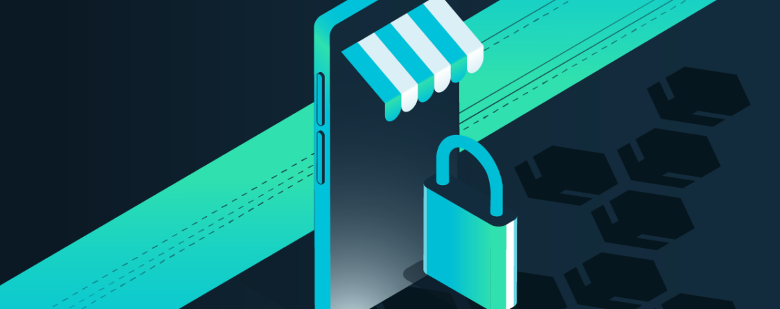 A stylized image of a phone with a retail store-type awning with a lock in front of it.