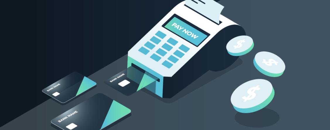 A stylized graphic of a point of sale machine with several credit cards and coins.