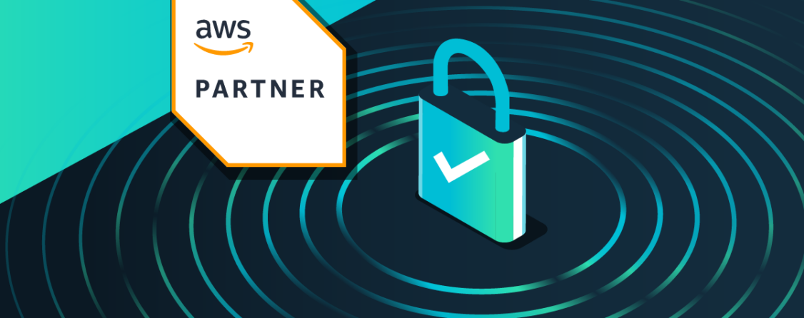 A stylized lock with a checkmark on it, surrounded by concentric circles. There is also an AWS partner logo.