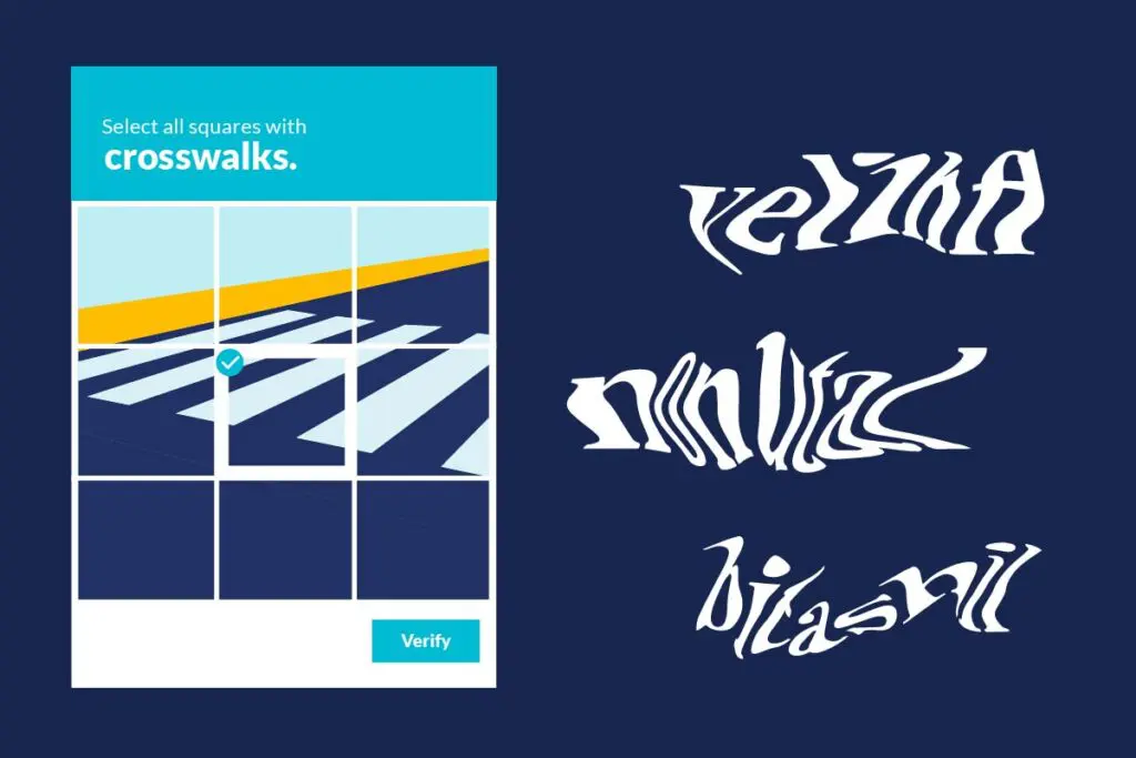 Cequence-Captcha-Ilustration.jpg – a screenshot of a CAPTCHA with a crosswalk and one with wavy letters to identify