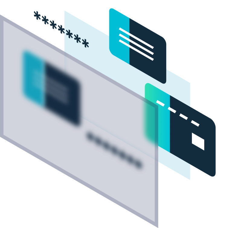 A stylized image of credit cards and passwords hidden behind frosted glass to maks their values.