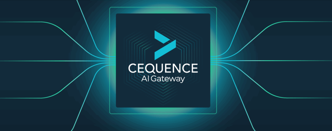 The Cequence AI Gateway logo in a box surrounded by lines representing connections to applications on a dark teal background.