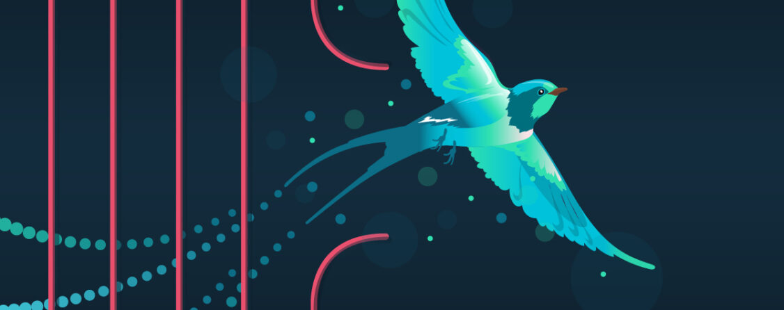 A stylized image of a swallow (bird) breaking free from a cage.