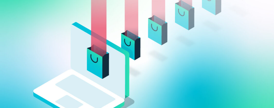 A stylized image of a shopping bag on the screen of a laptop.