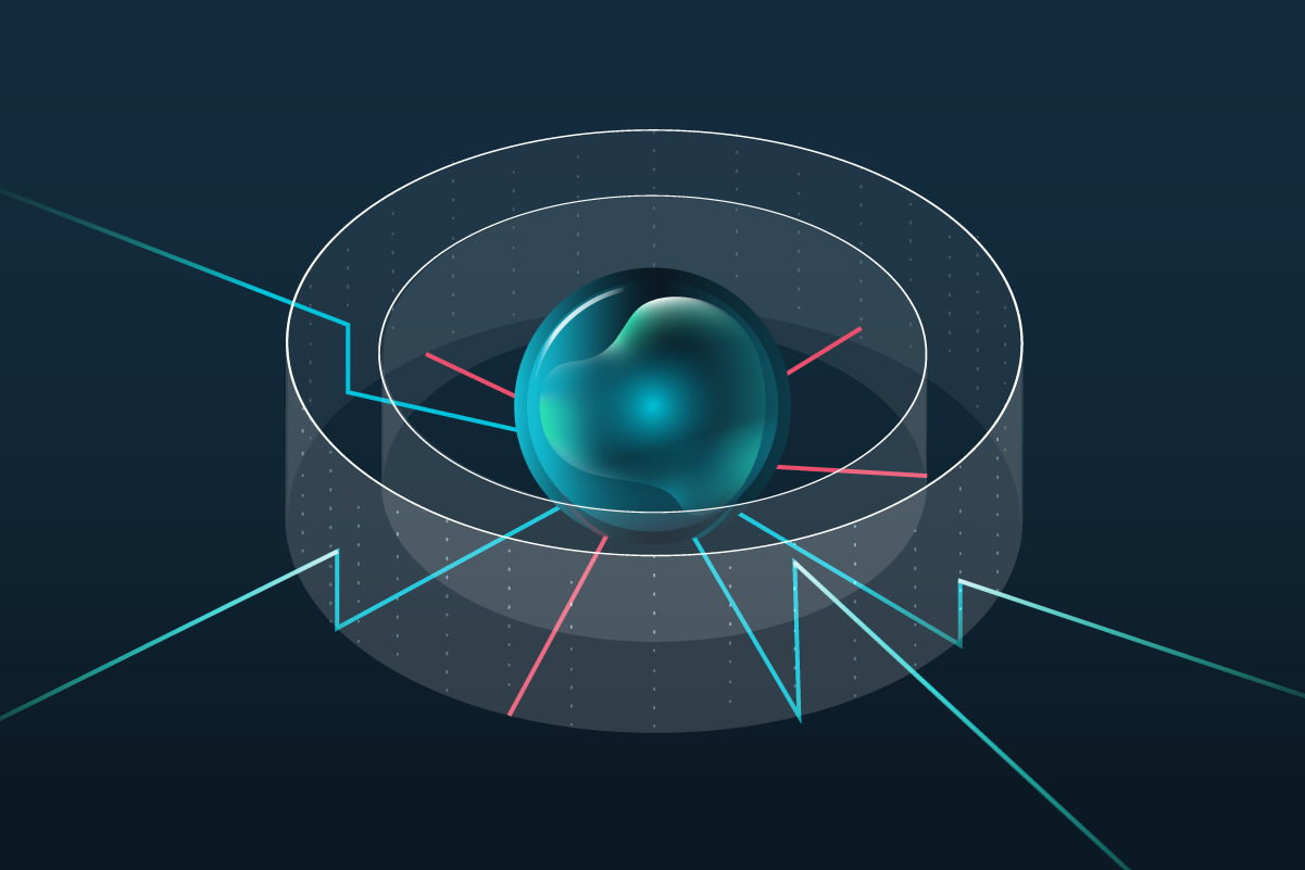 A stylized image of a sphere with concentric circles around it representing barriers.