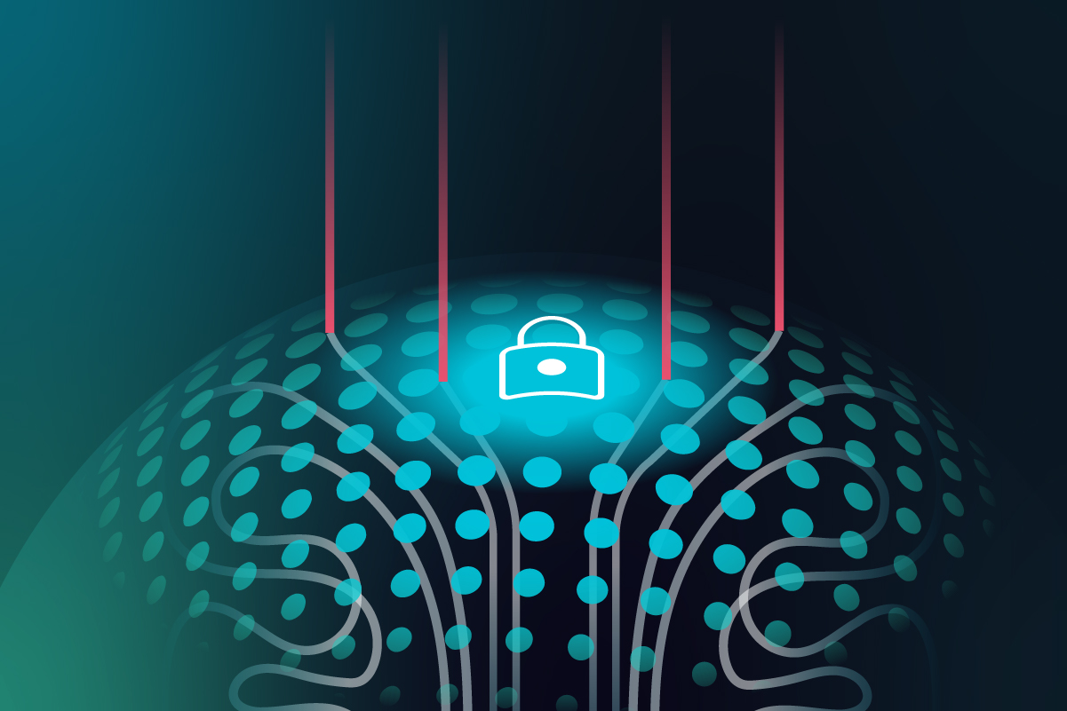 A picture of a sphere with blue dots representing LLMs and red lines representing attacks.