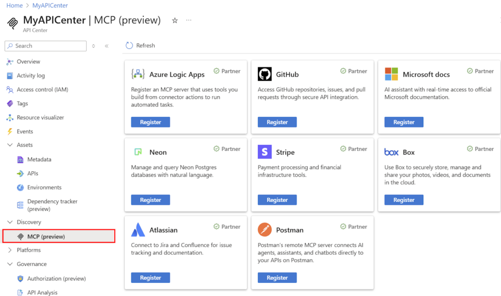 A screenshot of the Azure AI Gateway MCP servers list.